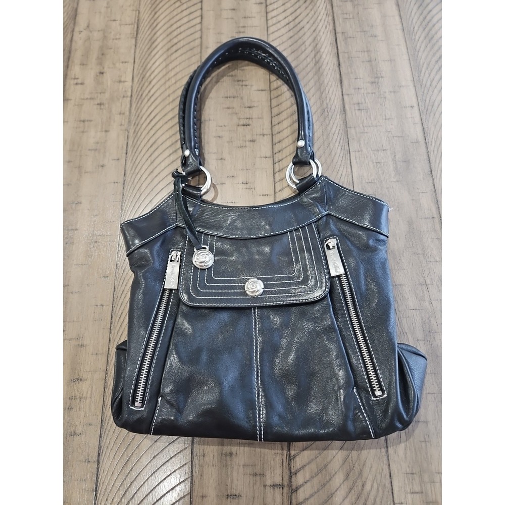 Rough Roses Handbag Black Leather Rosebud Silver Hangtag Edgy Pinup Goth Purse